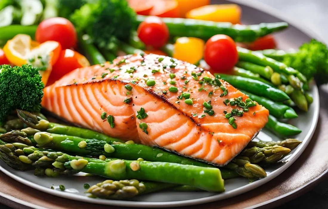 Salmon fillet served with vegetables